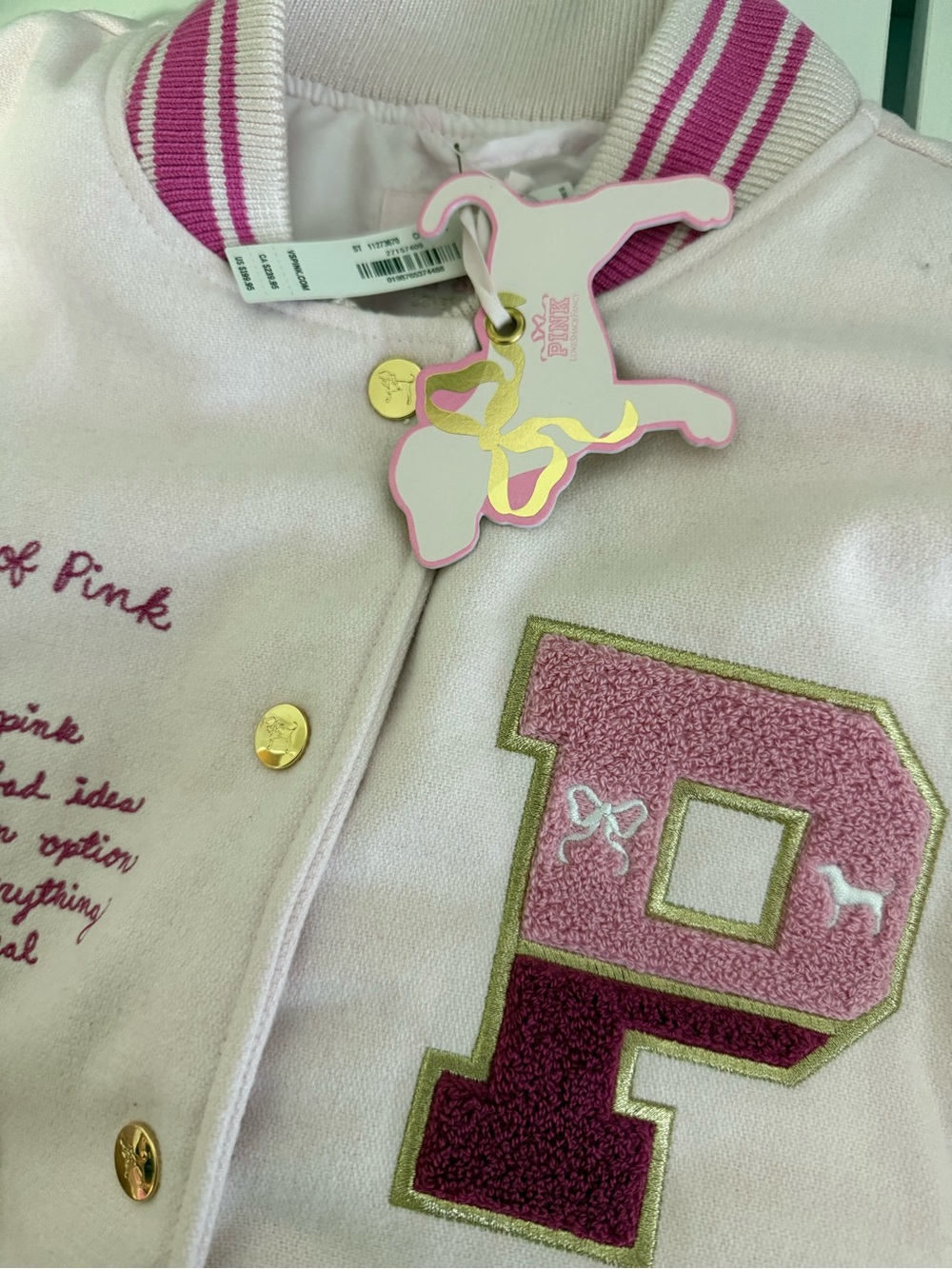Pink Varsity Bomber Jacket Victoria’s Secret & Love Shack fancy - Picture 2 of 4